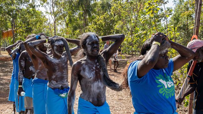 Ceremonial opening of Garrtjambal Auditorium bringing in Guwak, the Ancestral Nightbird dance at the Garma Festival 2023. Picture: Pema Tamang Pakhrin