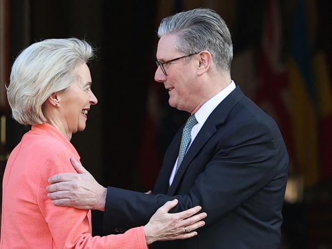 British Prime Minister Keir Starmer (R) welcomes European Commission President Ursula von der Leyen at Lancaster House during the European leaders' summit. Picture: WPA Pool/Getty Images