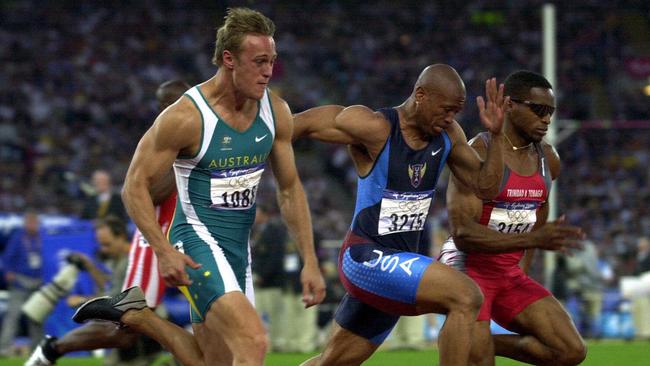  Matt Shirvington, Maurice Greene and Ato Boldon in the Men's 100m semi-final at the Sydney Olympics. Picture: Nathan Edwards.