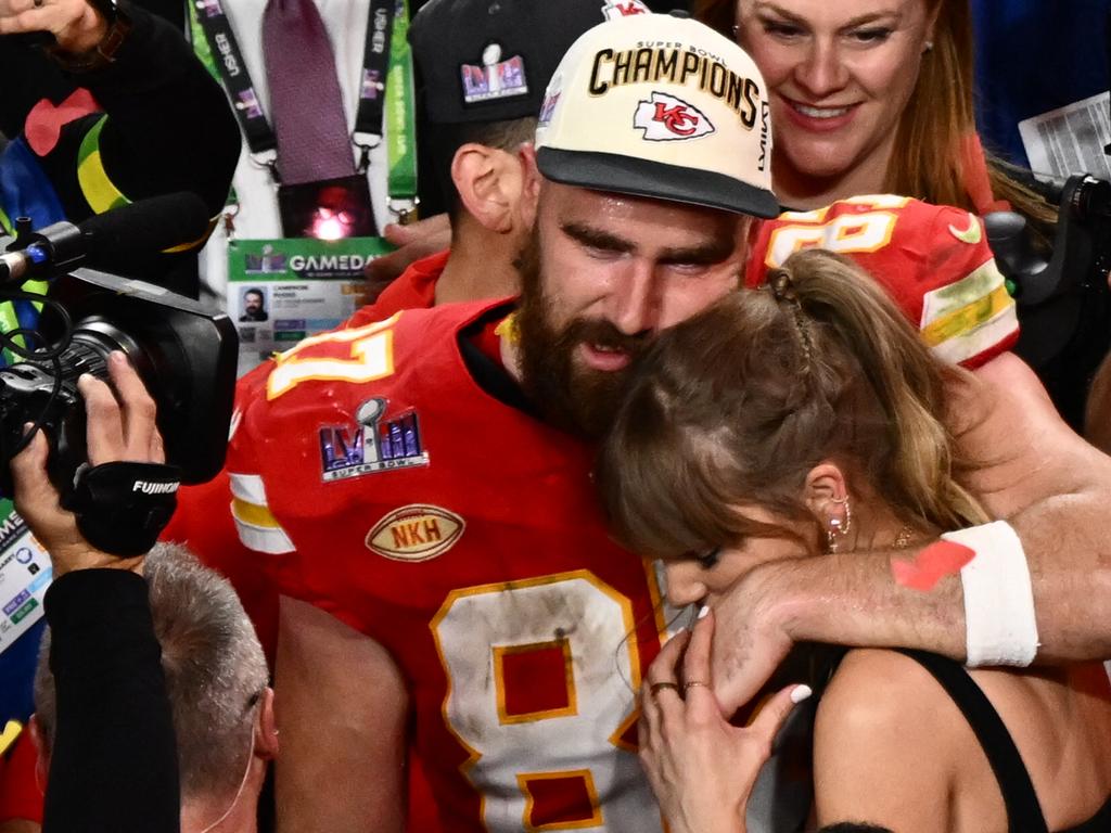 Taylor Swift and Travis Kelce embrace after his Super Bowl win. Picture: AFP