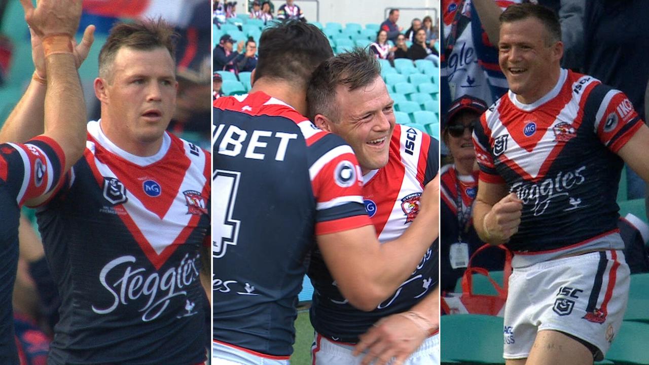 Brett Morris scores a hattrick for the Roosters.