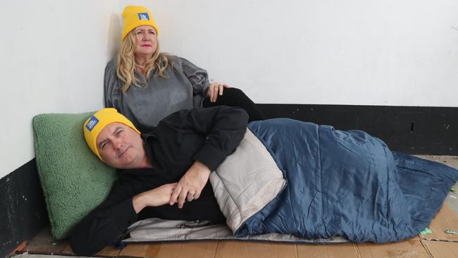 Karen Phillips and Garry Webb at the launch of the Vinnes CEO Sleepout in Southport. Picture: Glenn Hampson.