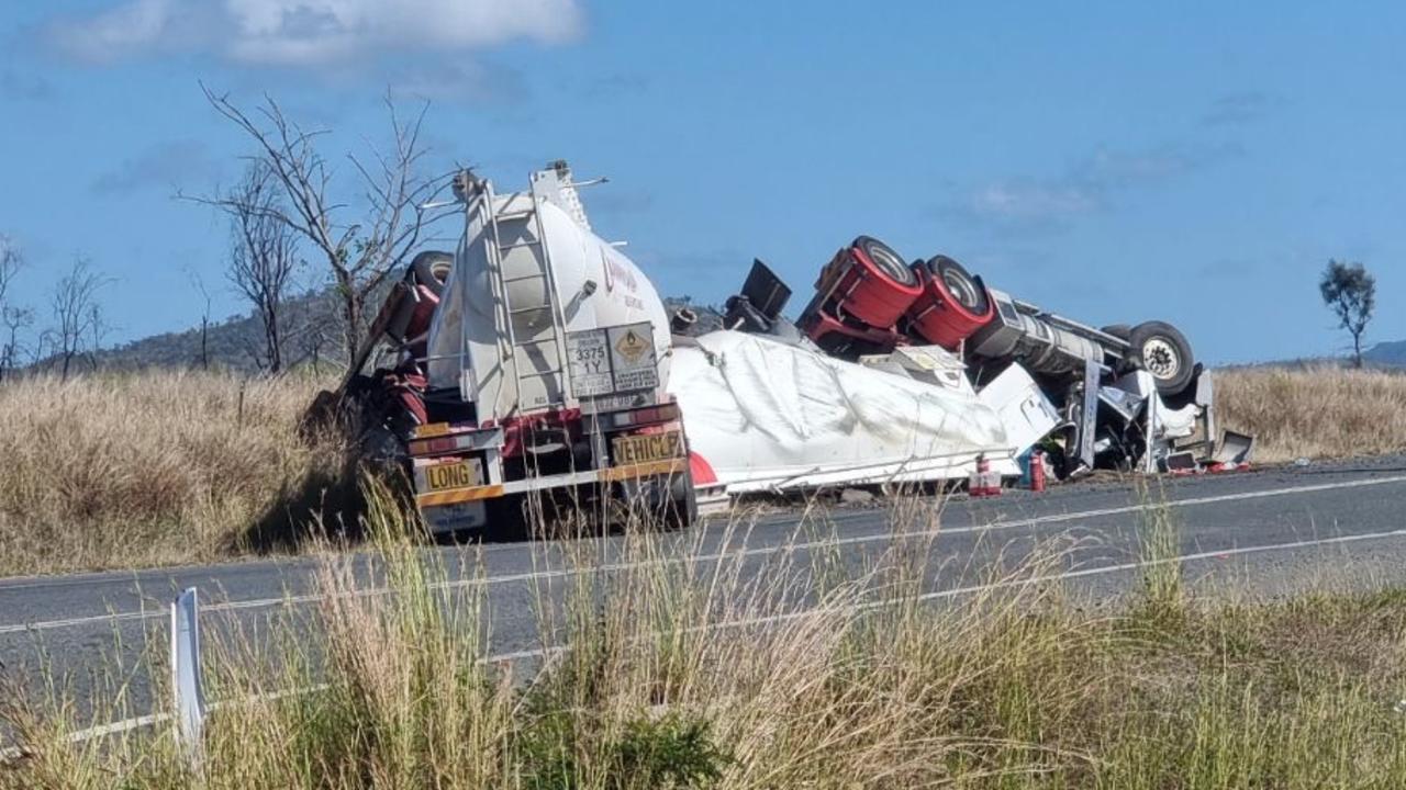 A prime mover rolled at the intersection of Boongary Rd and Gracemere Stanwell Industrial Precinct Rd, Gracemere, on Saturday morning. Picture: Kent Murray