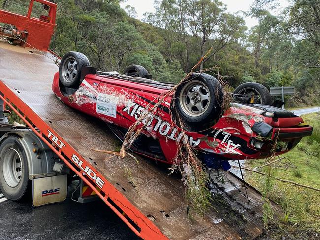 Targa Tasmania 2021.  1979 Mazda RX-7 of Shane Navin and co-driver Glenn Evans crashed 35.4 kilometres into the stage at approximately 10am this morning. Medical teams were immediately dispatched to attend the scene of the accident but were unable to revive Shane, who died at the scene.  Co-driver Glenn Evans, was assessed by the attending medical crew and cleared of injuries. Picture: James Bresnehan