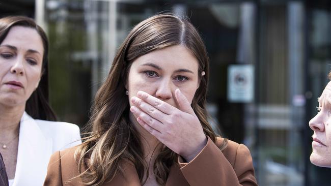 An upset Brittany Higgins outside a Canberra Court. Picture: Gary Ramage