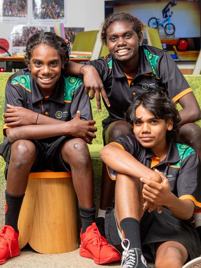 Bruce Wilson, 12, Kendyn Brown, 13 and Peggy Wilson, 13, love their classroom in Darwin. Picture: Che Chorley