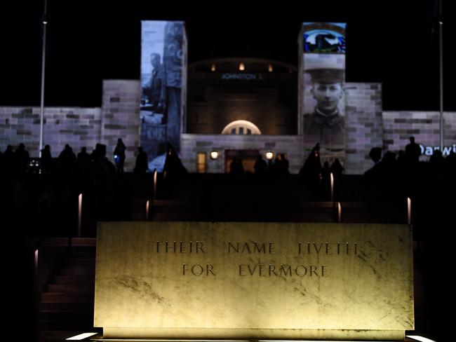 The Stone of Remembrance is seen in front of the Australian War Memorial during the Anzac Day dawn service in Canberra. Picture: AAP Image/Lukas Coch