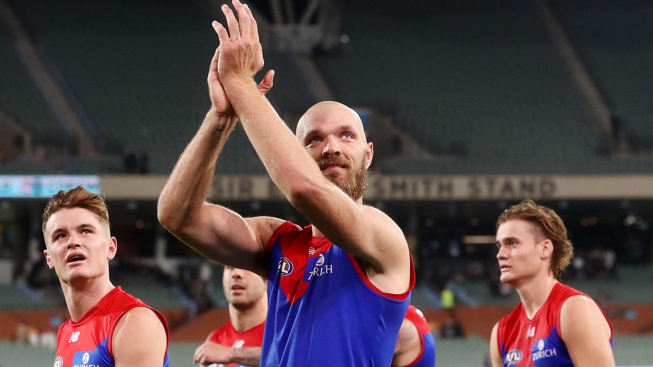 Max Gawn celebrates after beating the Power last year. Picture: Getty Images