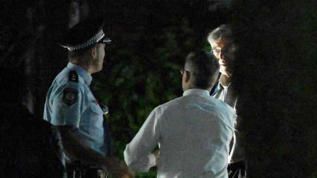 Cardinal George Pell (right) speaks to police upon arrival at the Seminary Of The Good Shepherd in Sydney earlier this month. Picture: AAP