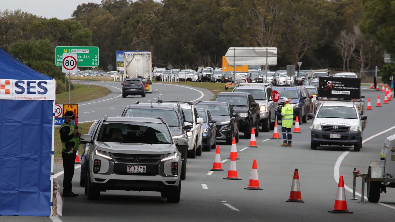 The hard border and long Queues return to the Qld NSW border on the Gold Coast. Long Queues on the Gold Coast highway atCoolangatta. Picture: Glenn Hampson.