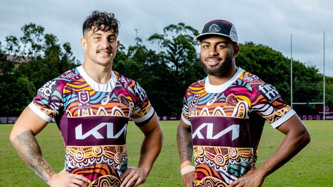 Kotoni Staggs and Ezra Mam in the Broncos Indigenous jumper. Picture: Richard Walker