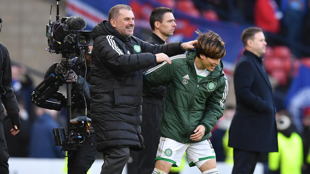 Ange Postecoglou congratulates Kyogo Furuhashi at the final whistle.