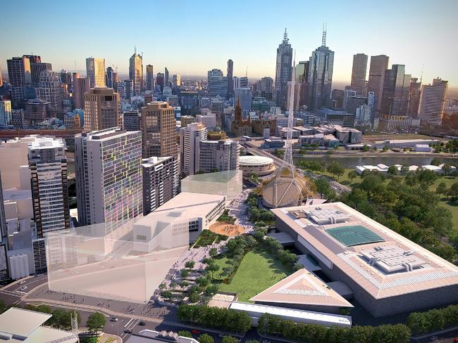 An architect’s impression of the proposed arts precinct, which will include a contemporary modern arts area called NGV Contemporary.