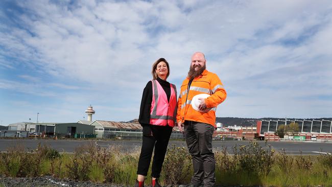 Mary Messina CEO Macquarie Point Development Corporation with Matt Ransley manager Synergy on site at Mac Point. Successful appointment of a contractor to begin remedial works at the site. Picture: NIKKI DAVIS-JONES