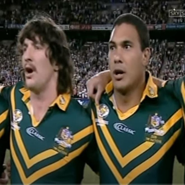 The 2006 Kangaroos sing the national anthem. Picture: Sky Sports UK