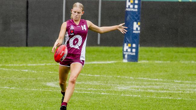 Round Two of the 2019 NAB AFLW Under-18 Championships at Metricon Stadium, Carrara. Match between Queensland and Vic Country (white top). Queensland's Serene Watson. Picture: Jerad Williams