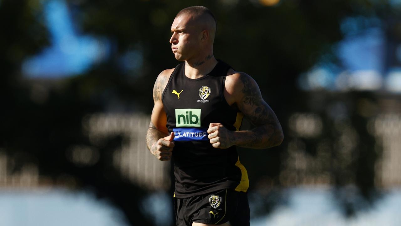 Dustin Martin has recovered from his serious kidney injury but isn’t certain to play in Saturday’s practice match. Picture: Darrian Traynor