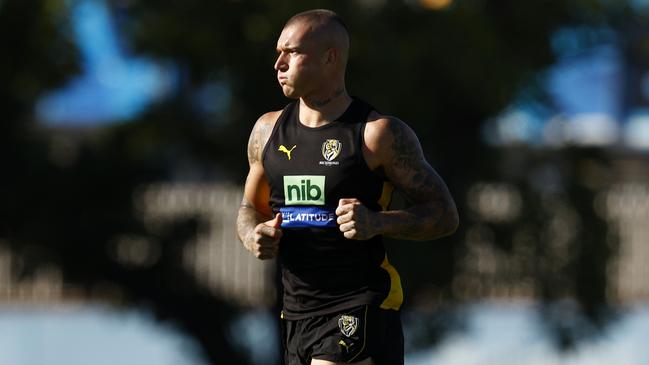 Dustin Martin has recovered from his serious kidney injury but isn’t certain to play in Saturday’s practice match. Picture: Darrian Traynor