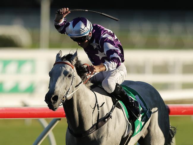 SYDNEY, AUSTRALIA - APRIL 18: Tommy Berry riding Greyworm wins Race 8Â Tab Hall Mark Stakes during Sydney Racing at Royal Randwick Racecourse on April 18, 2020 in Sydney, Australia. (Photo by Matt King/Getty Images)