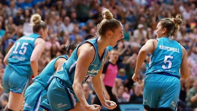 MELBOURNE, AUSTRALIA - MARCH 17: Rebecca Cole of the Flyers celebrates during the game three of the WNBL Grand Final series between Southside Flyers and Perth Lynx at Melbourne Sports Centre Parkville, on March 17, 2024, in Melbourne, Australia. (Photo by Kelly Defina/Getty Images)