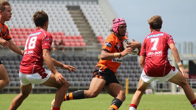 Marsden SHS centre VJ Vialau playing club football earlier in the season in the Connell Cup for the Tigers.