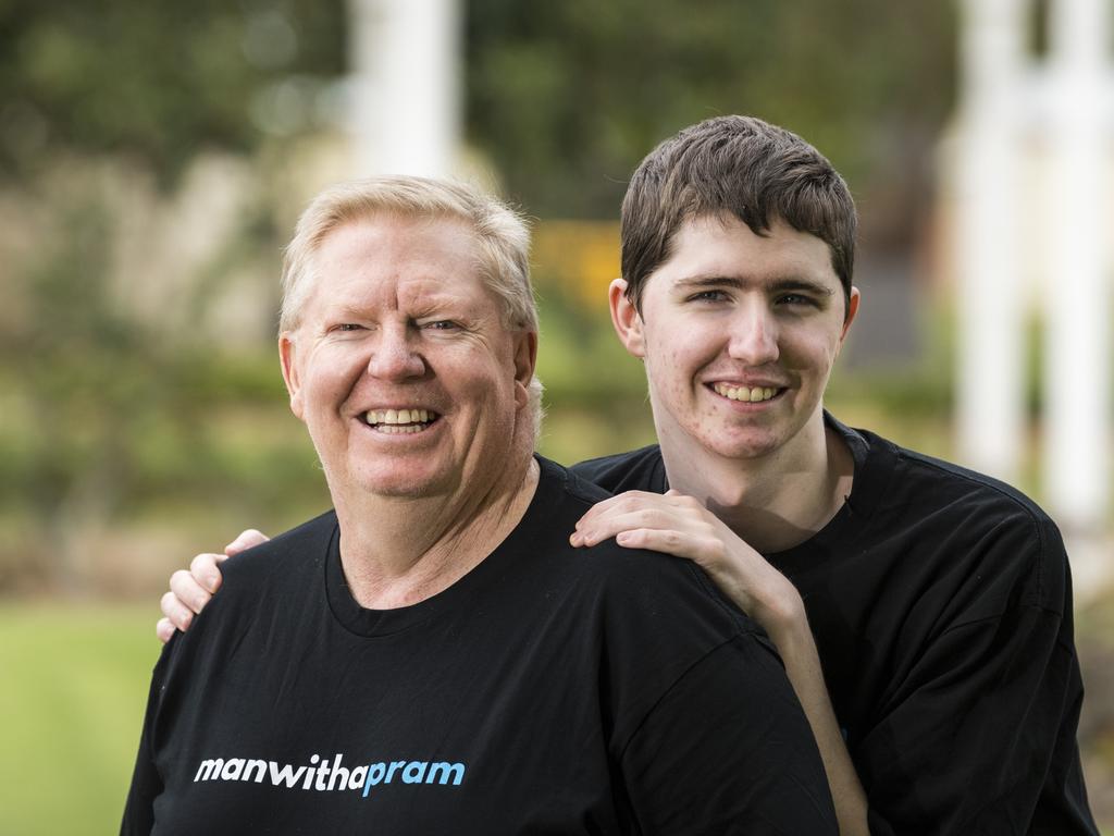 Kim Godfrey with his son Dylan Godfrey at the Man with a Pram event on Father's Day, Sunday, September 5, 2021. Picture: Kevin Farmer