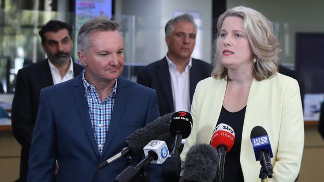 Clare O’Neil holds a press conference at the Fairfield council chambers with local federal member Chris Bowen and local mayors. Picture: John Grainger