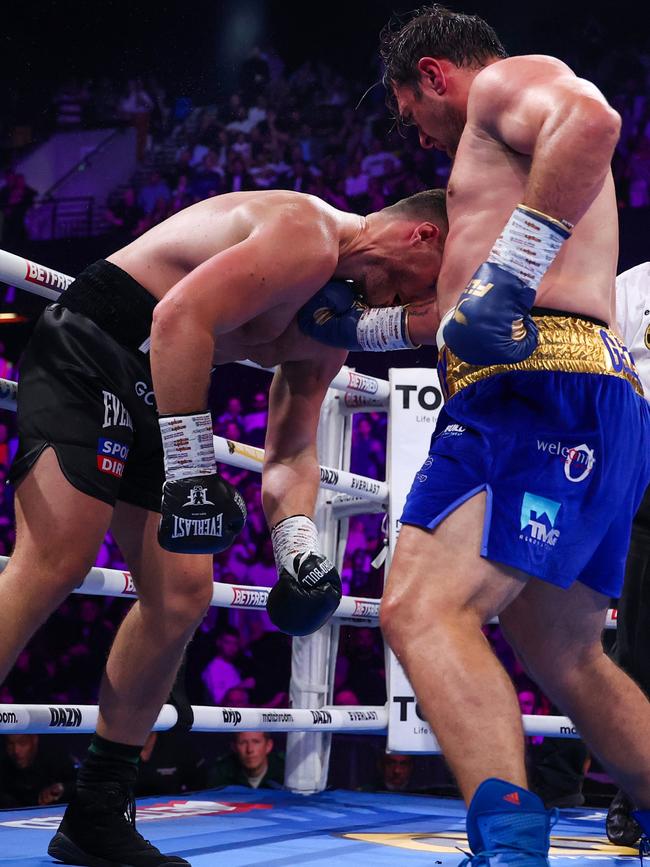 The barrage left Fisher falling to the canvas. (Photo by Richard Pelham/Getty Images)