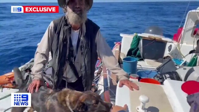 Sydney man Tim Shaddock and his dog Bella were picked up by a tuna trawler off the coast of Mexico, after being spotted by a helicopter accompanying the ship. Picture: Nine News