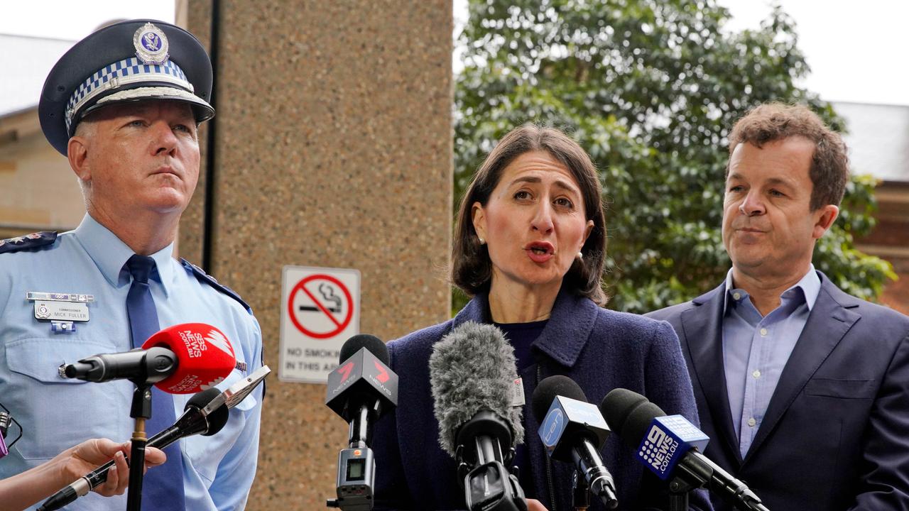 NSW Premier Gladys Berejiklian with NSW Police Commissioner Mick Fuller and Attorney-General Mark Speakman addressing the media on the issue: Picture: Ben Rushton