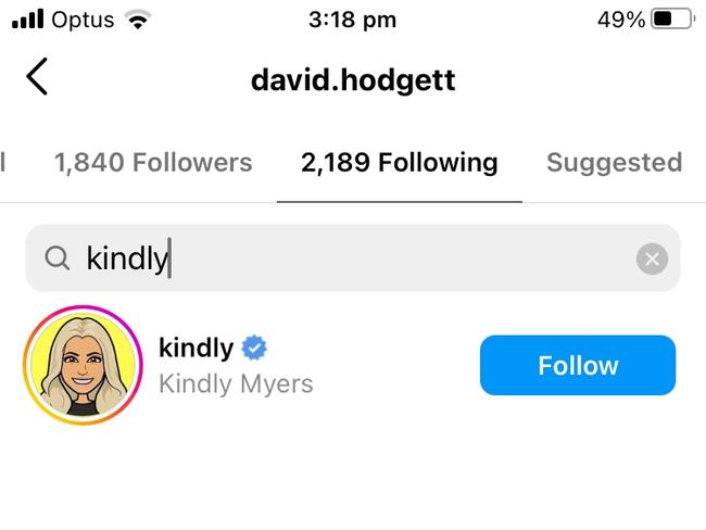 Liberal MP David Hodgett was following Kindly on Instagram on November 15, 2022, according to screenshots.