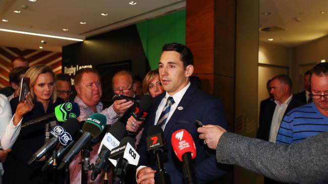 Melbourne Storm fullback Billy Slater addresses the media after the not guilty verdict. Picture: John Feder/The Australian.