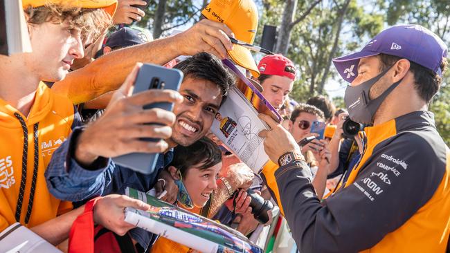 Formula One star Daniel Ricciardo greets fans in Melbourne at this year’s Grand Prix. Picture: Jake Nowakowski