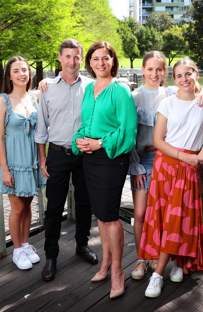 Deb Frecklington with her husband, Jason, and their daughters Elke, Lucy and Isabella. Picture: Liam Kidston.