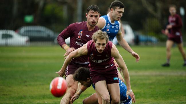 Prince Alfred Old Collegians’ Oliver Clarke in action during his side’s clash with St Peter’s Old Collegians match on PAC’s front oval. Picture: AAP/ Morgan Sette