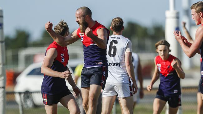 No, it’s not Max Gawn celebrating a goal for Melbourne. It’s Mt Eliza’s Daniel Gormley pumping his fists after a goal against Bonbeach. Picture: Valeriu Campan