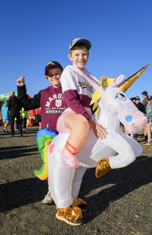 Hugo (left) and Henry Bohm get ready for the 4km Remembrance event of 40 for Fortey relay at Toowoomba Showgrounds, Sunday, June 8, 2025. Picture: Kevin Farmer