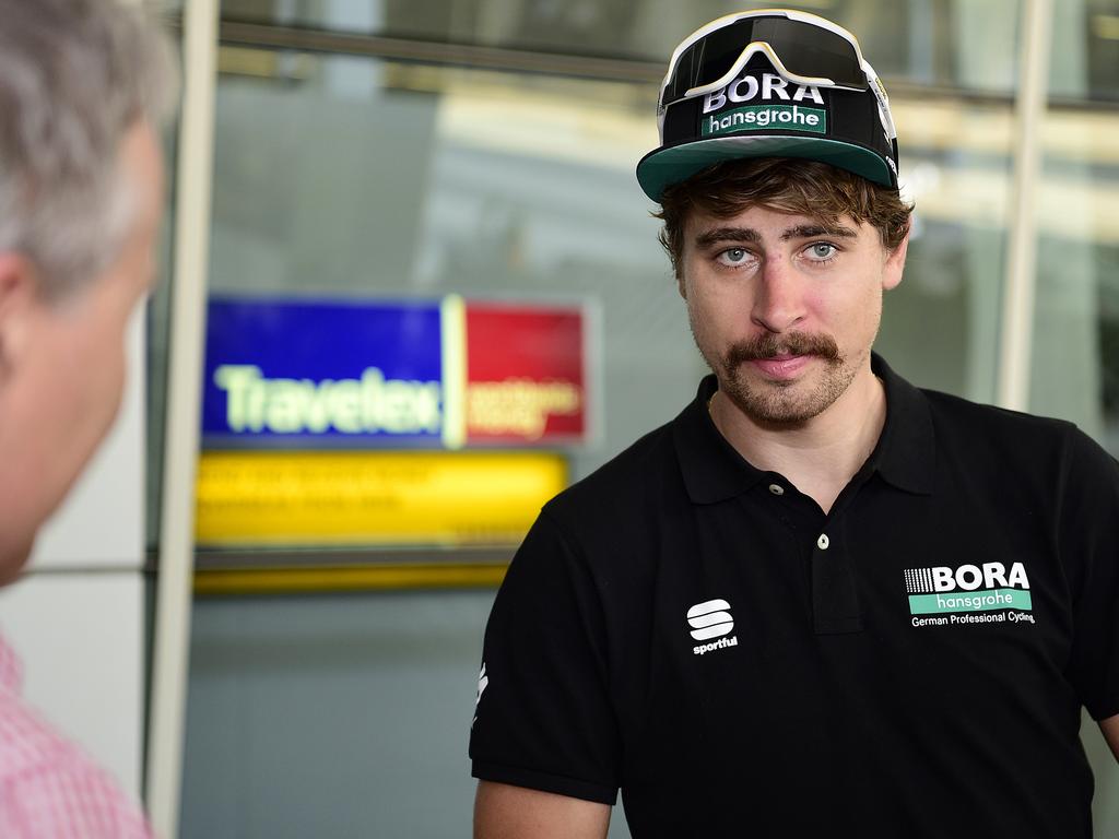 4.1.19 - Tour Down Under's headlining act Peter Sagan speaks to the media upon his arrival at Adelaide Airport  for his third TDU race.Picture: Bianca De Marchi