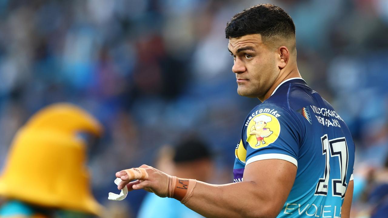 GOLD COAST, AUSTRALIA - AUGUST 28: David Fifita of the Titans looks on during the round 24 NRL match between the Gold Coast Titans and the Newcastle Knights at Cbus Super Stadium, on August 28, 2022, in Gold Coast, Australia. (Photo by Chris Hyde/Getty Images)