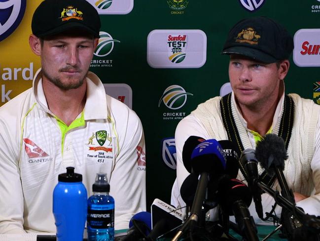 Australia’s captain Smith, right with teammate Cameron Bancroft, admitted to ball-tampering during the third Test against South Africa. Picture: AFP Photo/AFP TV/STR