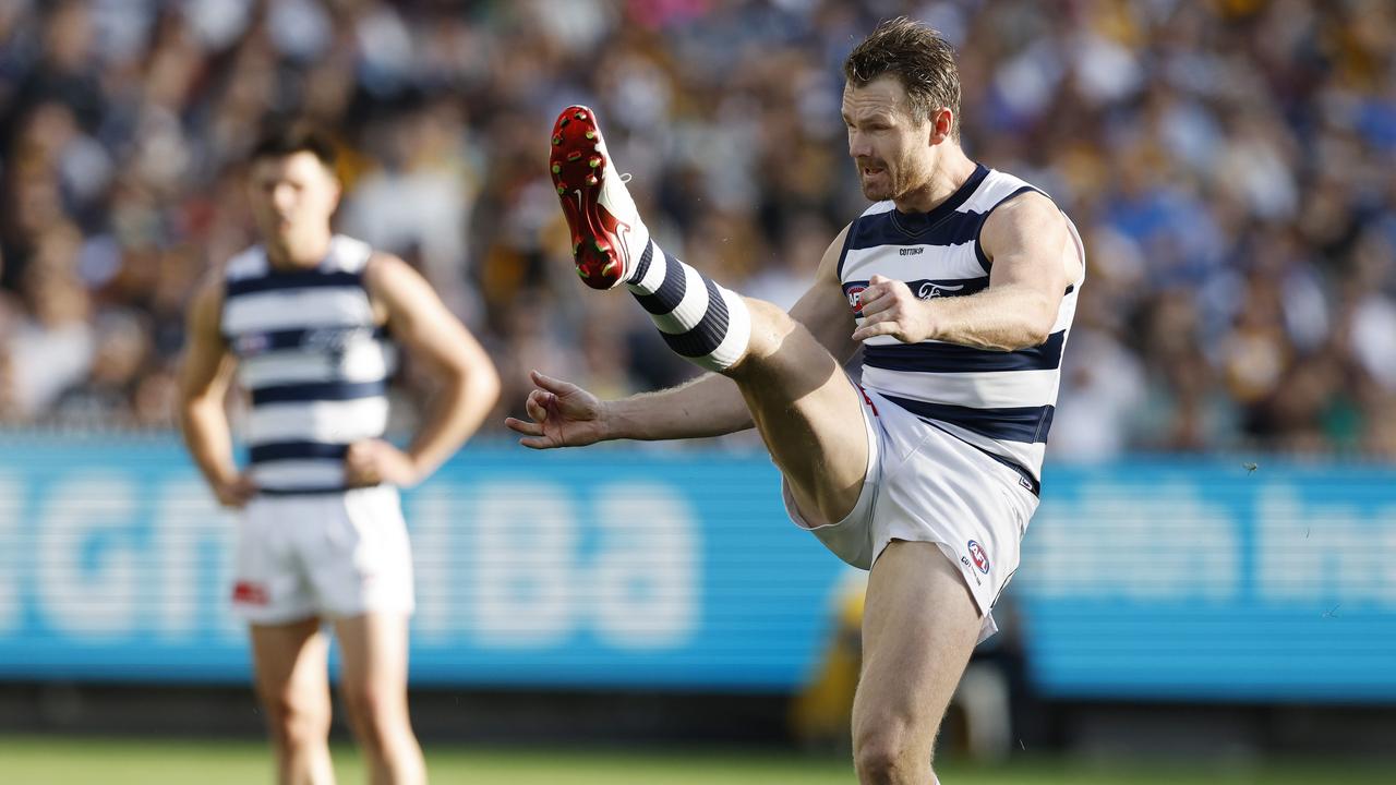 Patrick Dangerfield’s rampant form up forward has coincided with teammates including Ollie Henry (background) having less scoreboard impact. Picture: Michael Klein