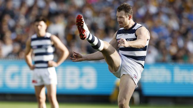 Patrick Dangerfield’s rampant form up forward has coincided with teammates including Ollie Henry (background) having less scoreboard impact. Picture: Michael Klein