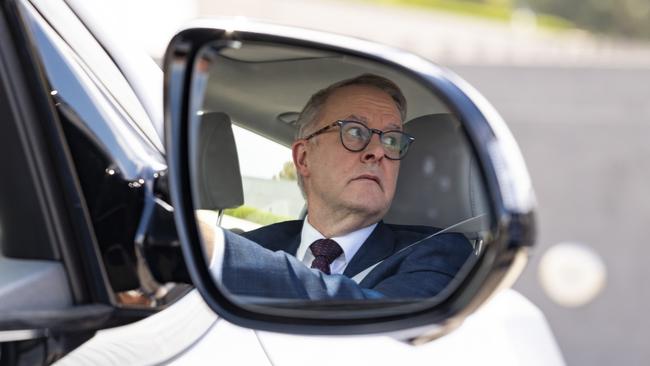 Anthony Albanese test drives a fuel cell electric car at Parliament House. Picture: NCA NewsWire/Martin Ollman