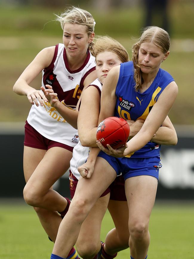 Laura Roy of BrisbaneLions tackles Tamara Henry of the Western Jets during the NAB Week. (Photo by Darrian Traynor/AFL Photos/Getty Images)