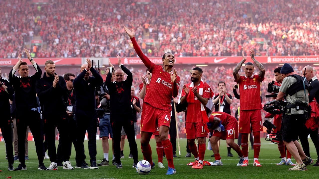 Captain Virgil van Dijk leads the celebrations. Picture: Carl Recine/Getty Images