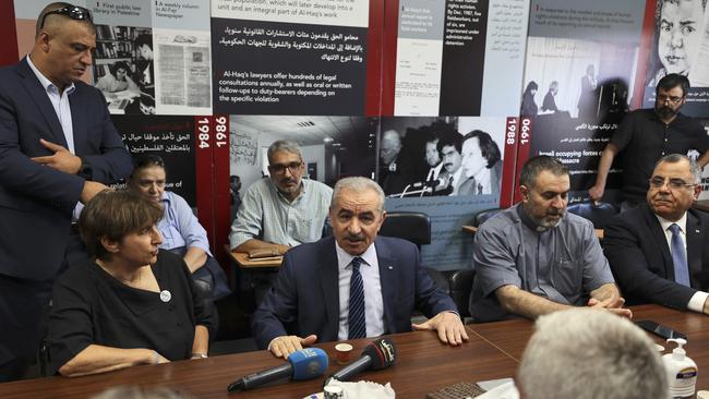 Mohammad Shtayyeh at the Al-Haq Foundation in Ramallah on Friday. Picture: AFP