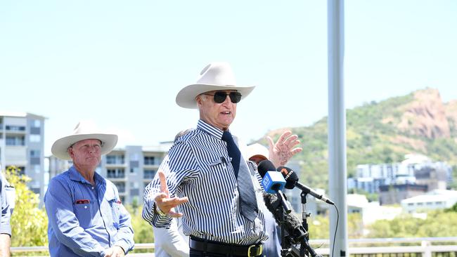 Federal Member for Kennedy Bob Katter speaks to the media in their appeal to the Prime Minister for Category D disaster grants to be given to flood-affected farmers. Picture: Shae Beplate.