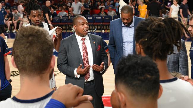 Adelaide 36ers coach Joey Wright addresses his players after their nine-point home loss to New Zealand on Sunday. Picture: Sue McKay/Getty Images