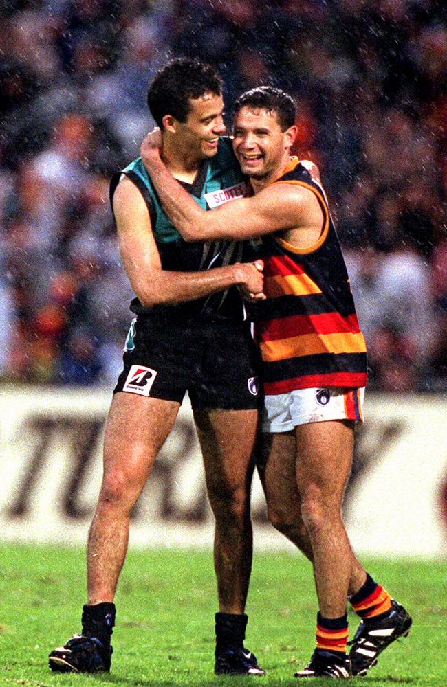 Brothers Shane, left, and Troy Bond embracing at the end of Showdown II at Football Park in August 1997 is the image that features on the new Showdown Trophy. Picture: Phil Hillyard.