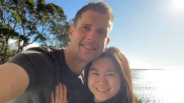 Shark attack victim Simon Nellist with fiance Jessie Ho.